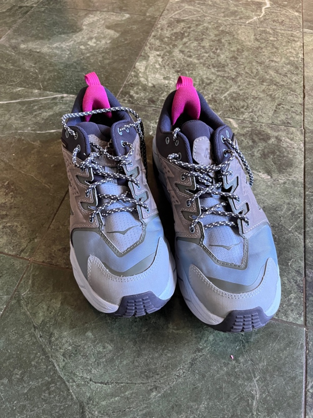 Hoka Gray Trail Shoes with Pink Heel Tab